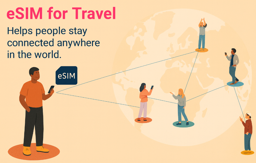 eSIM for travel illustration – people staying connected globally.