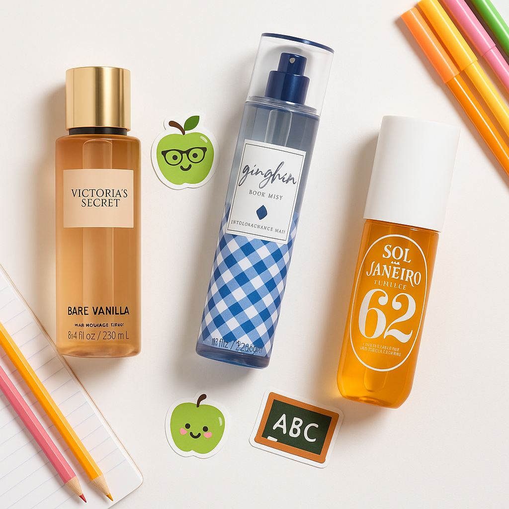 Flatlay of 3 body mists that students and teachers love – Bare Vanilla, Gingham, and Cheirosa 62 – surrounded by school supplies on a white background
