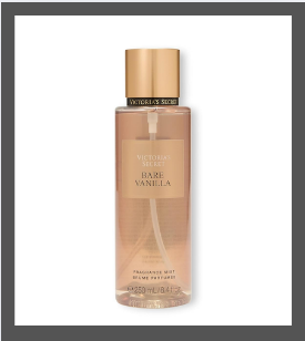 Victoria’s Secret Bare Vanilla Body Mist – 8.4 oz bottle with warm gold cap and nude beige tone, classic cozy scent with vanilla and cashmere notes
