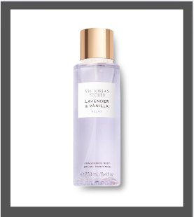Victoria’s Secret Lavender and Vanilla Body Mist – 8.4 oz bottle in soothing purple tone with gold cap, calming scent with lavender and creamy vanilla