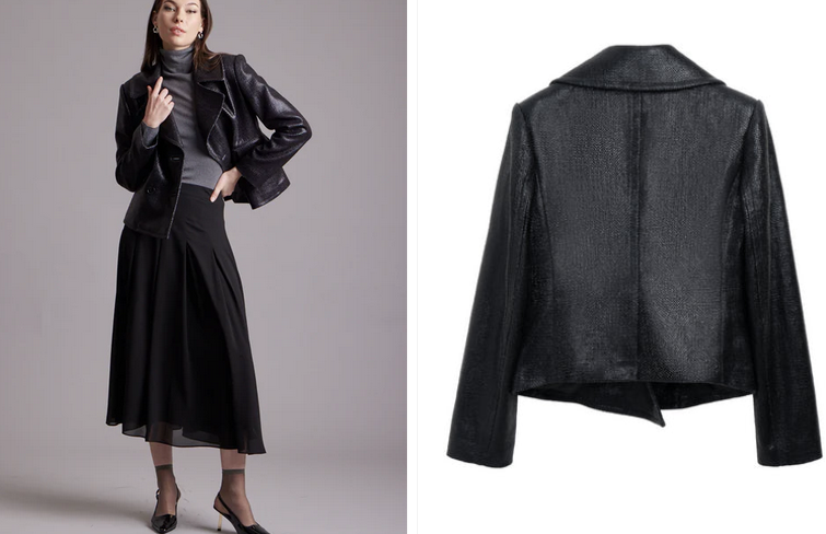 Janet Howard New York Lea Pea Coat Black styled with gray turtleneck and black midi skirt – elegant minimalist winter outfit.
Janet Howard New York Lea Pea Coat Black – sleek tailored short coat with modern minimalist design