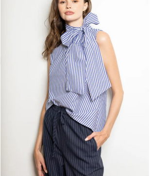 Janet Howard New York Nautical Tie-Neck Striped Blouse – blue and white striped bow blouse for elegant modern style