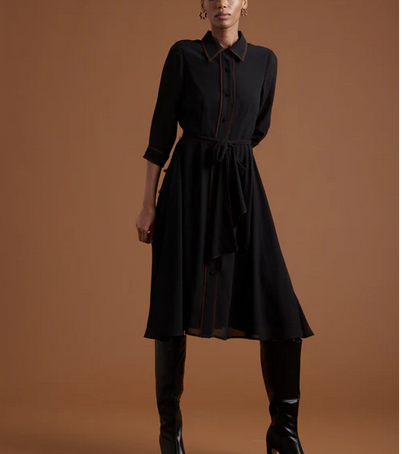 Janet Howard New York Asymmetric Wrap Dress Black – elegant midi dress with asymmetric drape and minimalist design