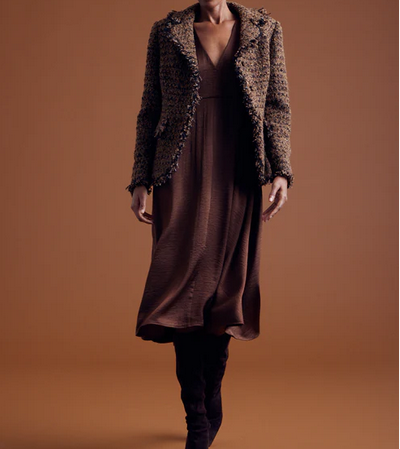 Janet Howard New York Statement Coat Brown – textured statement coat styled with brown dress and boots, elegant minimalist fashion