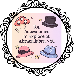 Pastel promotional graphic featuring cute illustrated hats and the title ‘Top Accessories to Explore at Abracadabra NYC’ on a soft gradient background.