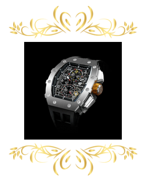 Luxury TSAR BOMBA skeleton watch with silver tonneau case, black strap, and intricate open-gear dial on a black background.