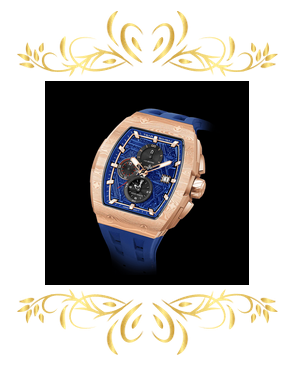 TSAR BOMBA Elemental-TB8211Q-II luxury watch with rose gold tonneau case, blue textured dial, and matching blue strap on a black background.