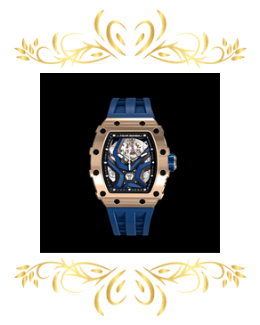 TSAR BOMBA Elemental automatic watch with rose gold tonneau case, blue skeleton-style dial, and matching blue silicone strap on a black background.