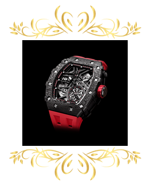 TSAR BOMBA Elemental TB8209CF carbon-fiber automatic watch with rugged black forged-carbon tonneau case, skeleton dial, and bold red silicone strap on a black background.