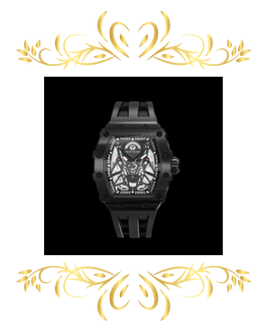 TSAR BOMBA Elemental Automatic TB8207A watch with all-black tonneau case, skeleton dial, and black silicone strap on a black background.