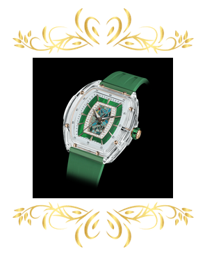 TSAR BOMBA Nucleus Femme 02 women’s luxury watch in green with transparent case, crystal detailing, and green silicone strap.