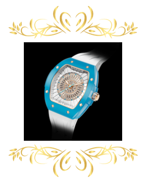 TSAR BOMBA Nucleus Femme TB8220L women’s watch with turquoise blue tonneau case, crystal-accented dial, and white silicone strap on a white background.