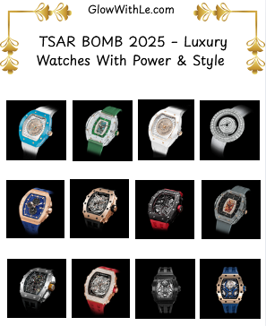A curated 2025 TSAR BOMBA luxury watch collection displaying twelve men’s and women’s timepieces in various colors and styles, arranged in a 4×3 grid on a black background with golden decorative accents and the GlowWithLe.com title.