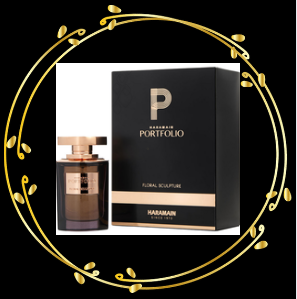 Al Haramain Portfolio Floral Sculpture perfume bottle and box displayed inside a gold floral frame.