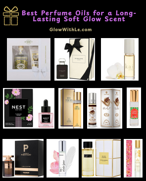 Collage of the best affordable perfume oils for a long-lasting soft glow scent, featuring budget-friendly fragrance oils like Rosie, Nest Turkish Rose, Kai perfume oil, Choco Musk, Malie Organics, and other soft clean scents.