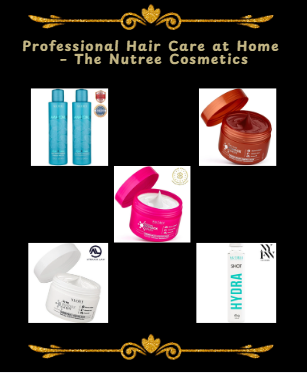 Professional hair care products from The Nutree Cosmetics, including shampoo, conditioner, hair masks, and scalp treatment.