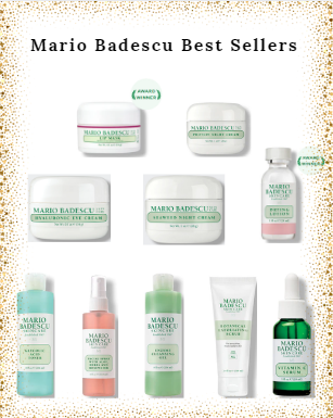 Mario Badescu best sellers featuring popular skincare products including toners, facial sprays, moisturizers, serums, and exfoliators