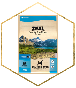 Zeal air-dried salmon and duck dog food made with premium ingredients to support healthy and balanced nutrition for dogs