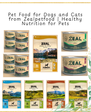 A collection of Zealpetfood pet food products for dogs and cats, including premium dry and wet food options made with high-quality ingredients for healthy pet nutrition
