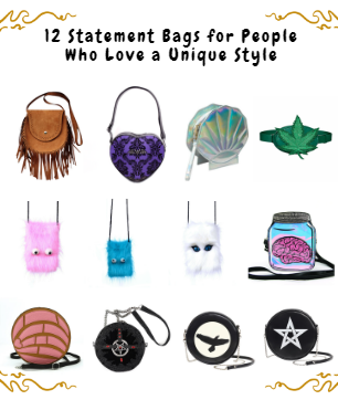 A visual collection of 12 statement bags showcasing bold, unique, and unconventional handbag designs for a distinctive style
