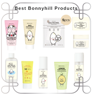 Best Bonnyhill skincare products collection featuring rice niacinamide toner, serum, sheet mask, foam cleansers, sun cream, and strawberry milk cream for brightening and hydrating skin.