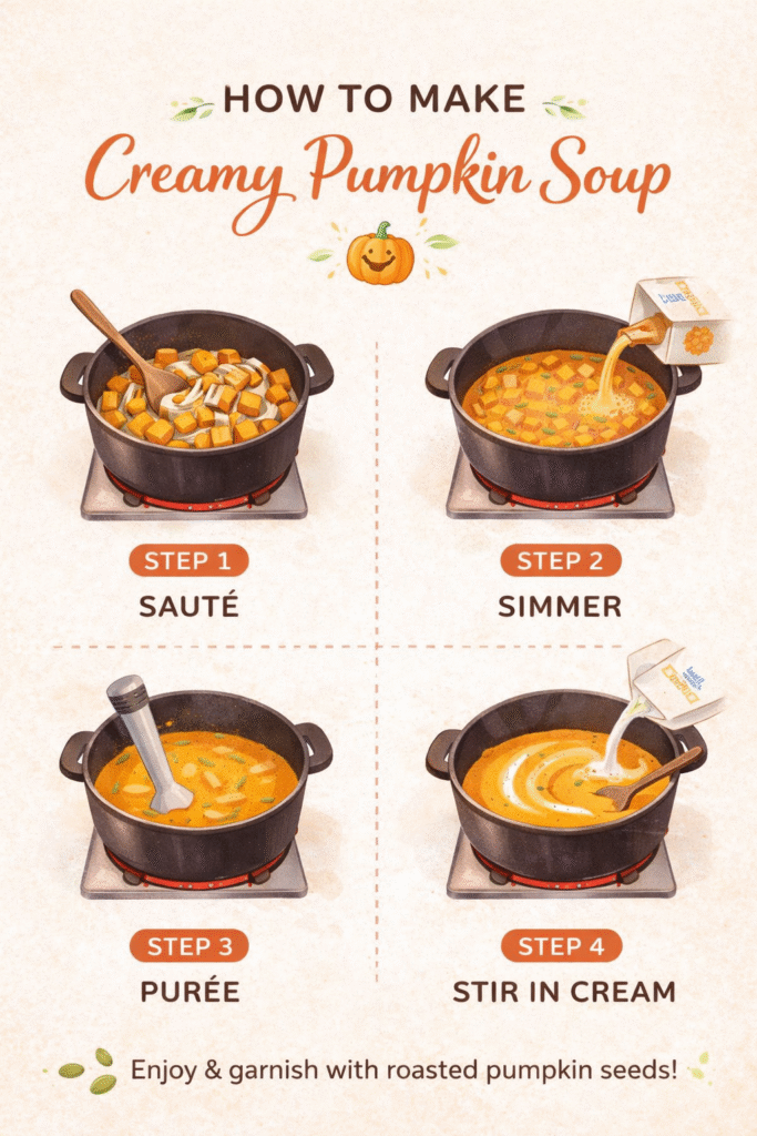 Step-by-step creamy pumpkin soup recipe showing sautéing vegetables, simmering with broth, blending until smooth, and adding cream for a rich, cozy texture.