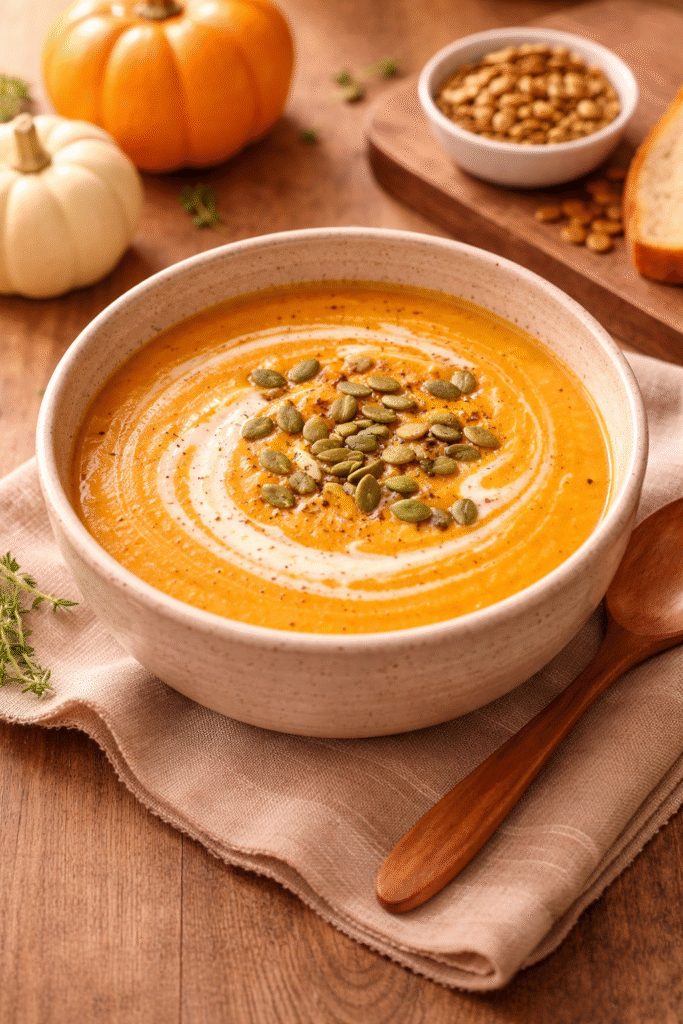 Cozy creamy pumpkin soup recipe served in a bowl, topped with cream and pumpkin seeds, perfect for a warm and comforting meal.