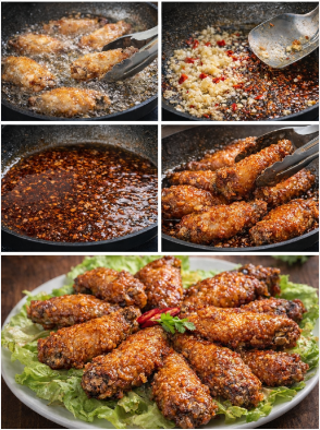 Vietnamese fish sauce chicken wings cooking process collage showing frying, garlic chili sauce, and finished crispy wings