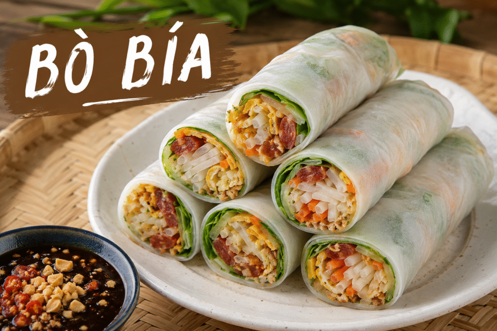 Homemade Vietnamese bò bía rolls with dipping sauce