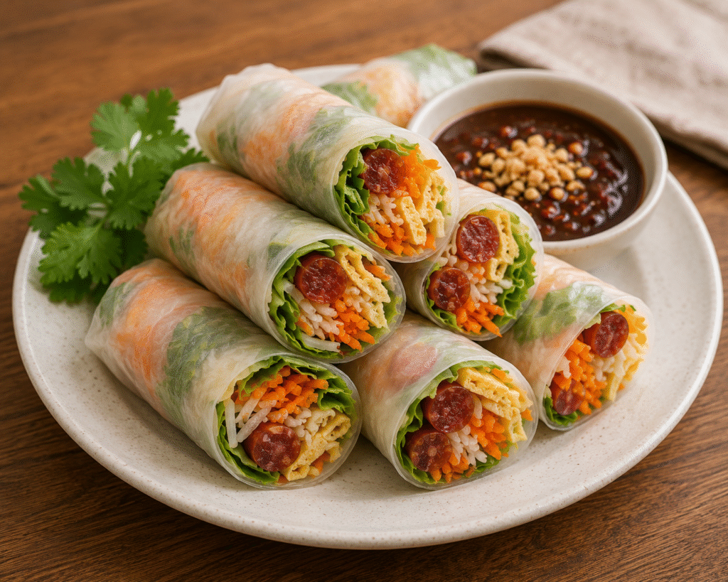 Fresh Vietnamese spring rolls with vegetables and sausage