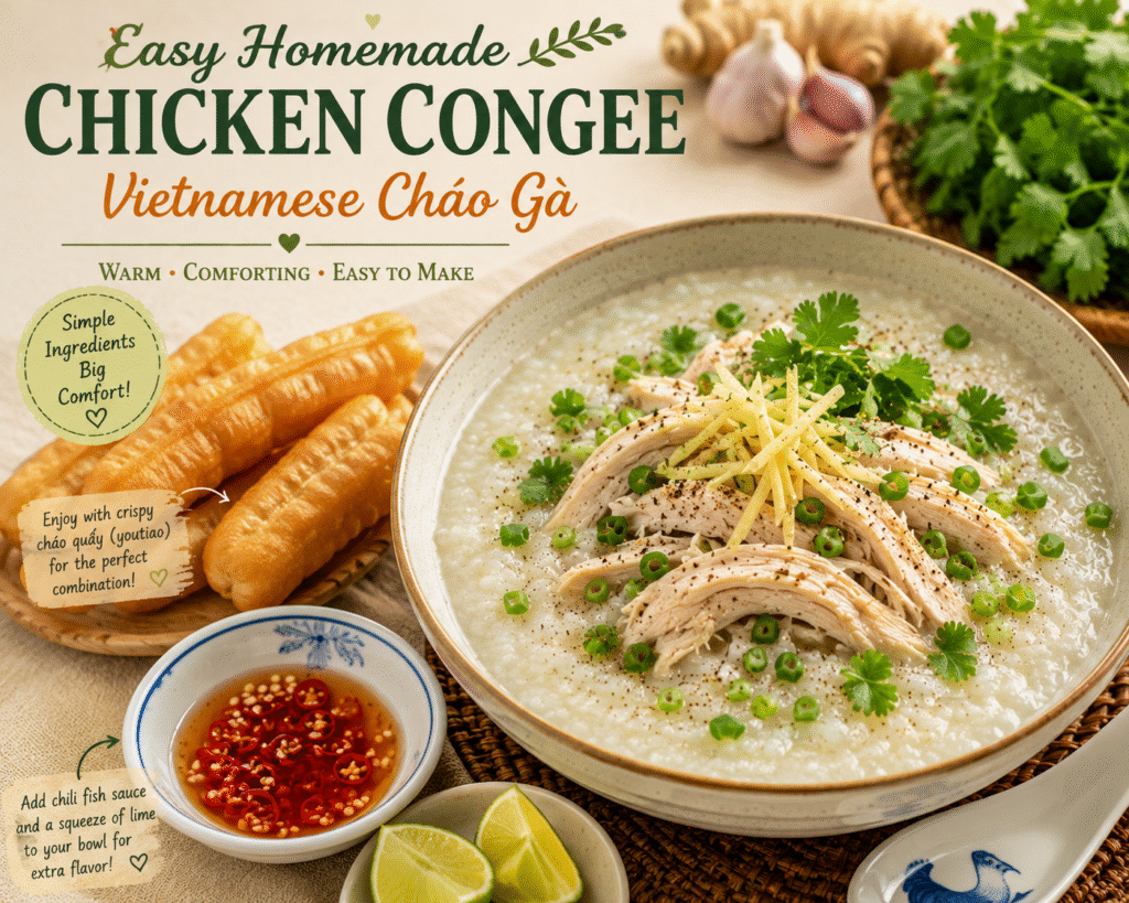 Warm bowl of Vietnamese chicken congee (cháo gà) topped with shredded chicken, green onions, cilantro, and black pepper, served with crispy cháo quẩy, chili fish sauce, and fresh lime slices.