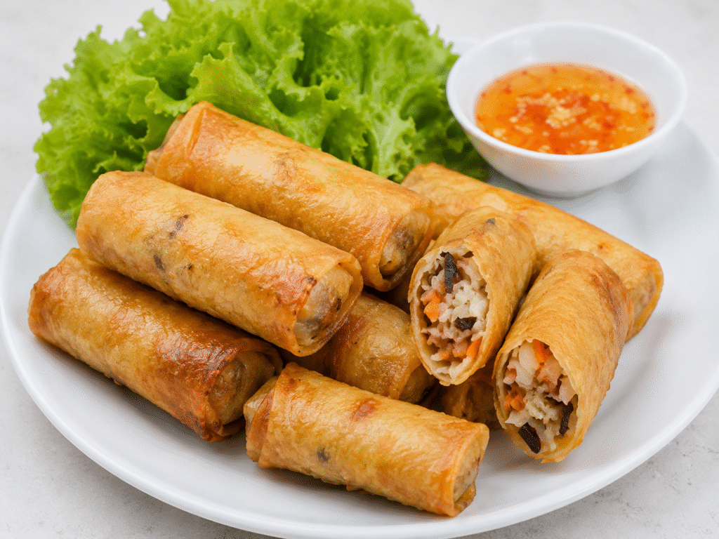 Crispy homemade Vietnamese egg rolls (Chả Giò) served with fresh lettuce, mint, cilantro, pickled vegetables, and Vietnamese fish sauce dipping sauce.