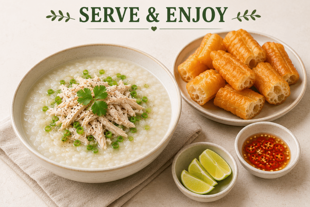Homemade Vietnamese chicken congee with tender shredded chicken, fresh herbs, crispy cháo quẩy, chili fish sauce, and lime slices, ready to serve.