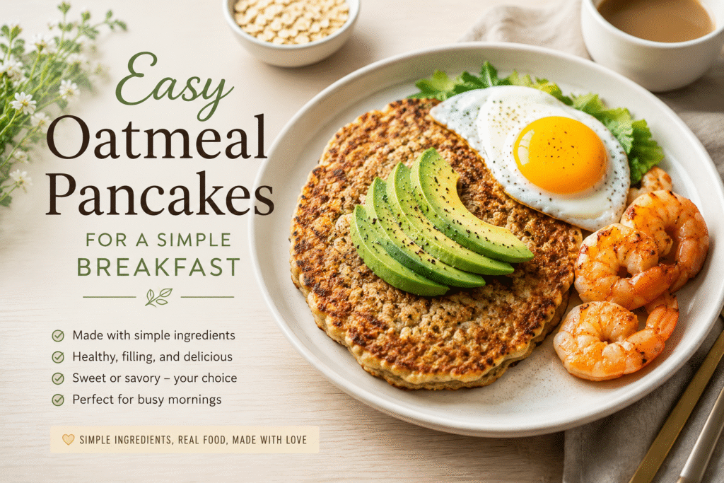 Easy oatmeal pancakes served with sliced avocado, a fried egg, shrimp, and fresh greens for a simple breakfast.