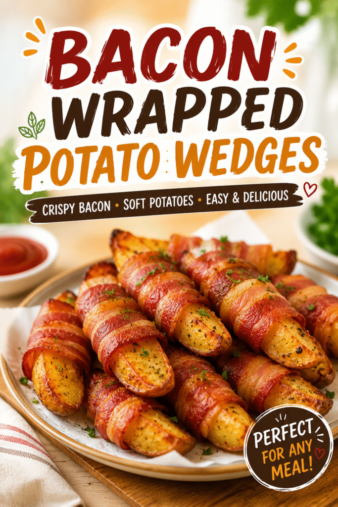 Bacon-wrapped potato wedges topped with melted cheese on a white plate, with the title “Bacon-Wrapped Potato Wedges