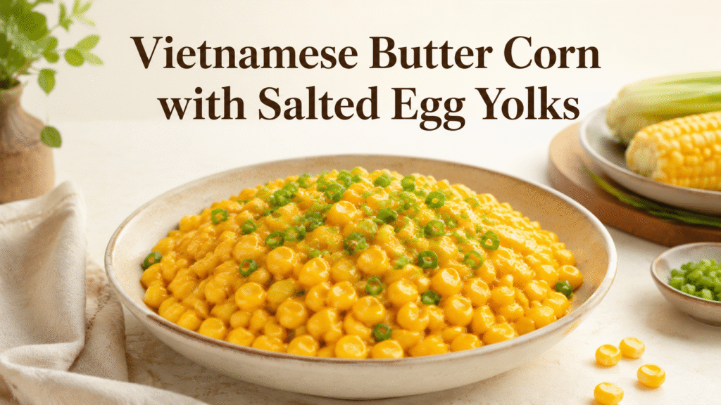 Vietnamese butter corn coated with salted egg yolks and topped with chopped green onions