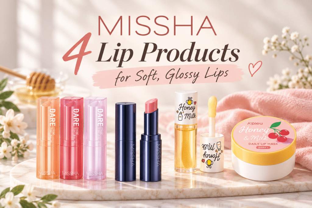 MISSHA lip products including tinted lip balm, dewy lipstick, Honey & Milk Lip Oil, and Lip Mask for soft, glossy lips.