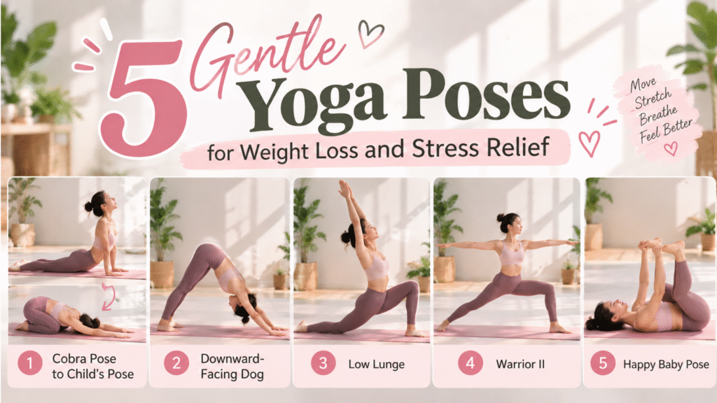 5 gentle yoga poses for weight loss and stress relief, including Cobra to Child’s Pose, Downward-Facing Dog, Low Lunge, Warrior II, and Happy Baby Pose.