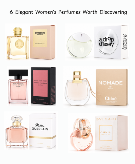 Six elegant women's perfumes from Burberry, Narciso Rodriguez, Guerlain, Issey Miyake, Chloé, and Bvlgari.
