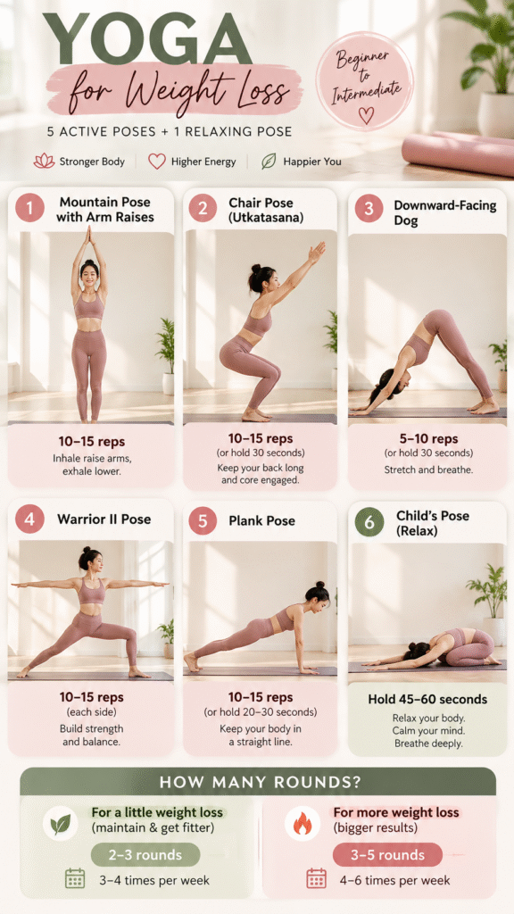Yoga for Weight Loss featuring six yoga poses: Mountain Pose, Chair Pose, Downward-Facing Dog, Warrior II, Plank Pose, and Child’s Pose. A beginner-to-intermediate yoga routine to improve strength, flexibility, balance, and relaxation.